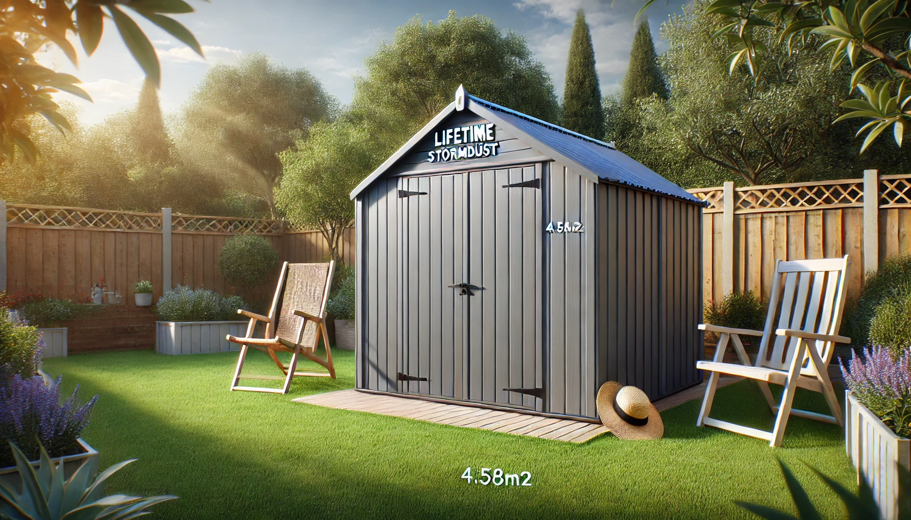 DALL·E 2024-07-26 17.06.11 - A high-quality horizontal image showcasing a Lifetime Stormdust resin garden shed in grey and anthracite, with dimensions 4.58m². The shed features do