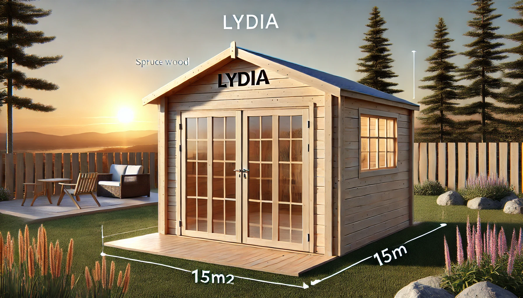 DALL·E 2024-07-26 17.11.32 - A high-quality horizontal image showcasing a Lydia wooden garden shed made from spruce wood, with dimensions of 15m². The shed features large sliding