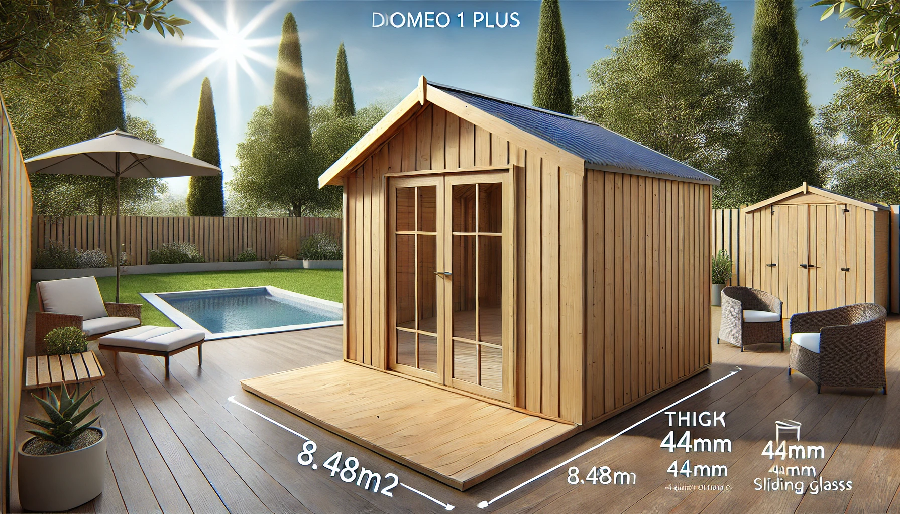 DALL·E 2024-07-26 17.25.14 - A high-quality horizontal image showcasing a Domeo 1 Plus wooden garden shed in natural wood color, with dimensions of 8.48m². The shed features thick
