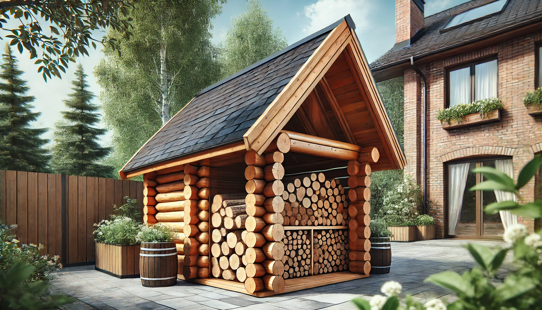 DALL·E 2024-07-26 17.36.29 - A high-quality horizontal image of a wooden log shelter in a garden setting. The shelter, made of treated wood, has a slanted roof covered with dark s