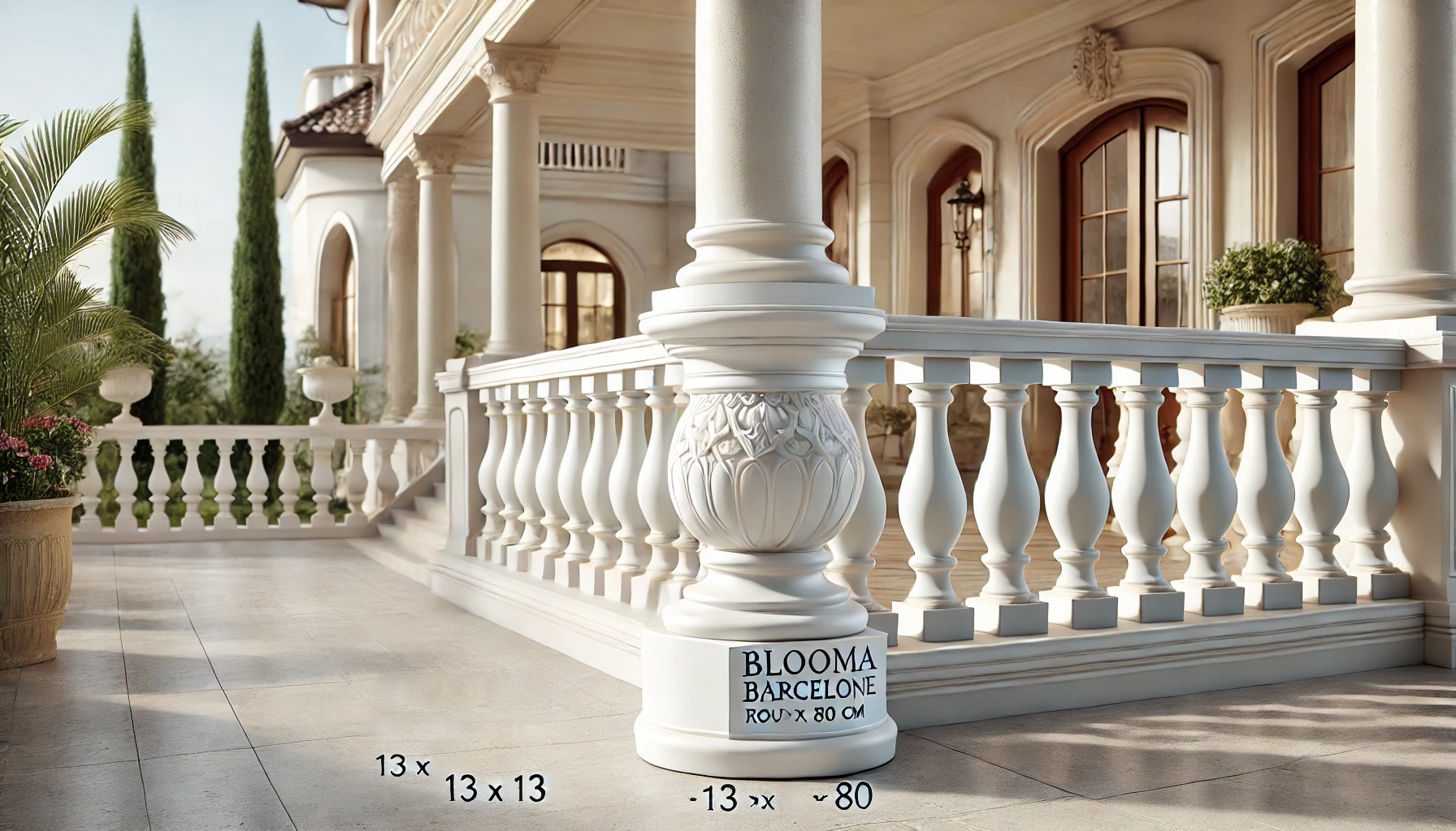 DALL·E 2024-07-26 19.19.43 - A high-quality horizontal image of a BLOOMA Barcelone round white baluster, measuring 13 x 13 x 80 cm. The baluster is installed on a terrace with ele