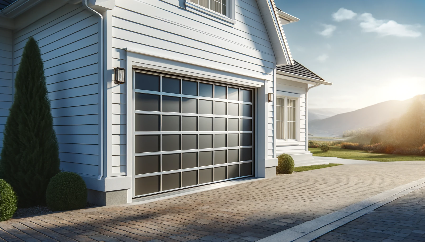 DALL·E 2024-07-29 11.16.04 - Photograph of a sectional steel garage door in white on the facade of a white house. The door is partially open, showing a dark interior. The scene in