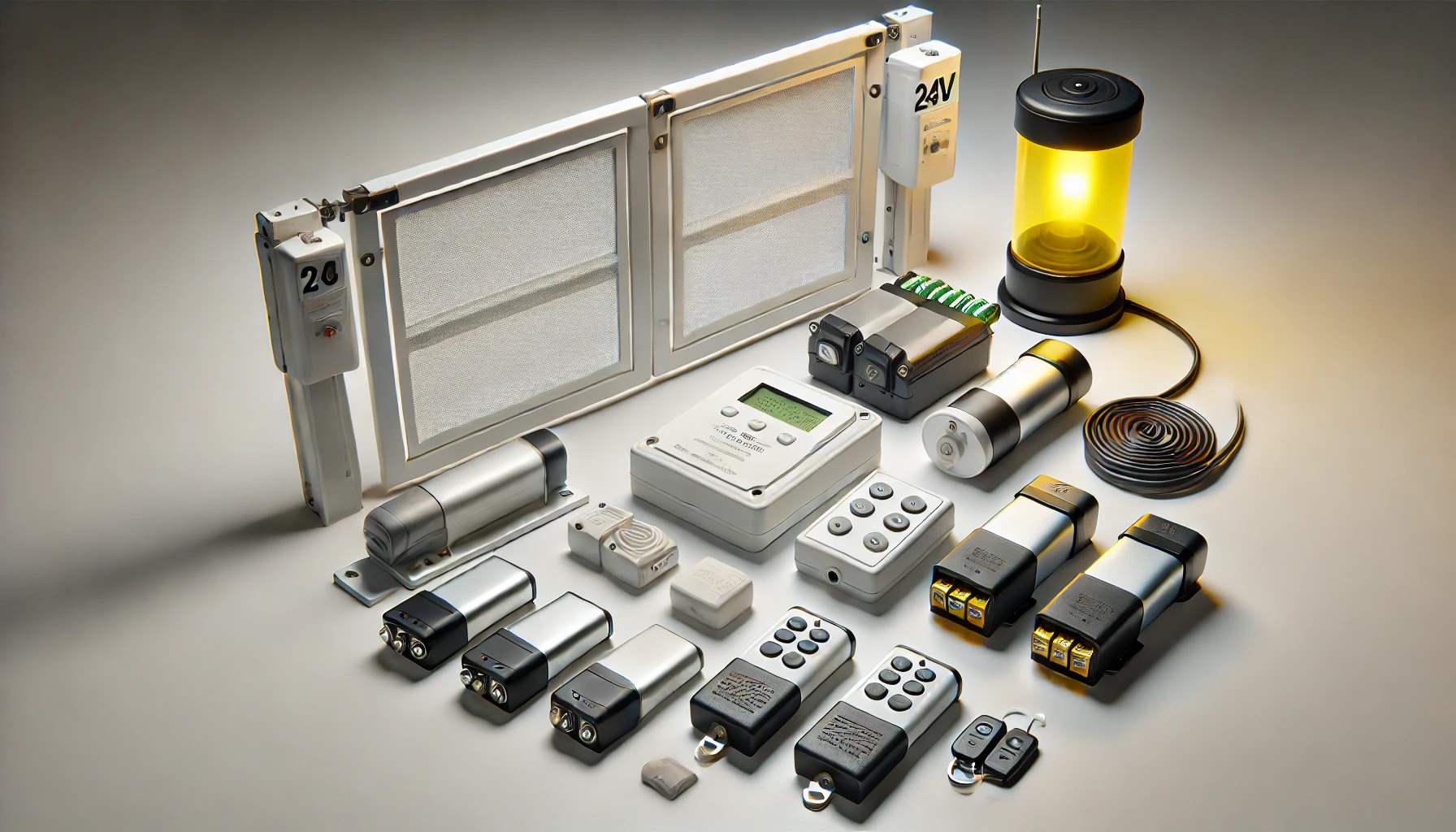 DALL·E 2024-07-29 11.43.54 - Photograph of a 24V battery-operated motorization kit for swing gate with actuator, including two actuators, a white control unit, a yellow signaling