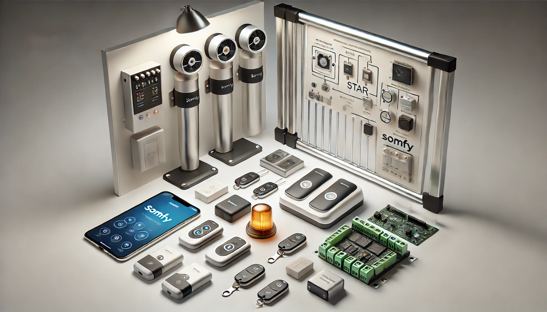 DALL·E 2024-07-29 11.53.23 - Photograph of a Somfy Evolvia Star connected gate motorization kit, including two motors, several remote controls, a signaling lamp, a control module,