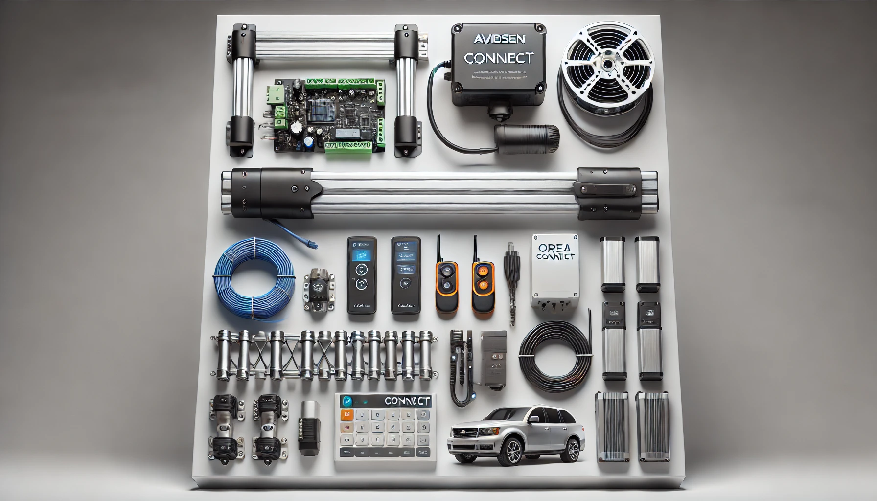 DALL·E 2024-07-29 12.01.46 - Photograph of an Avidsen Orea Connect sliding gate connected motorization kit, including a motor, rack, signaling lamp, sensors, and remote controls.