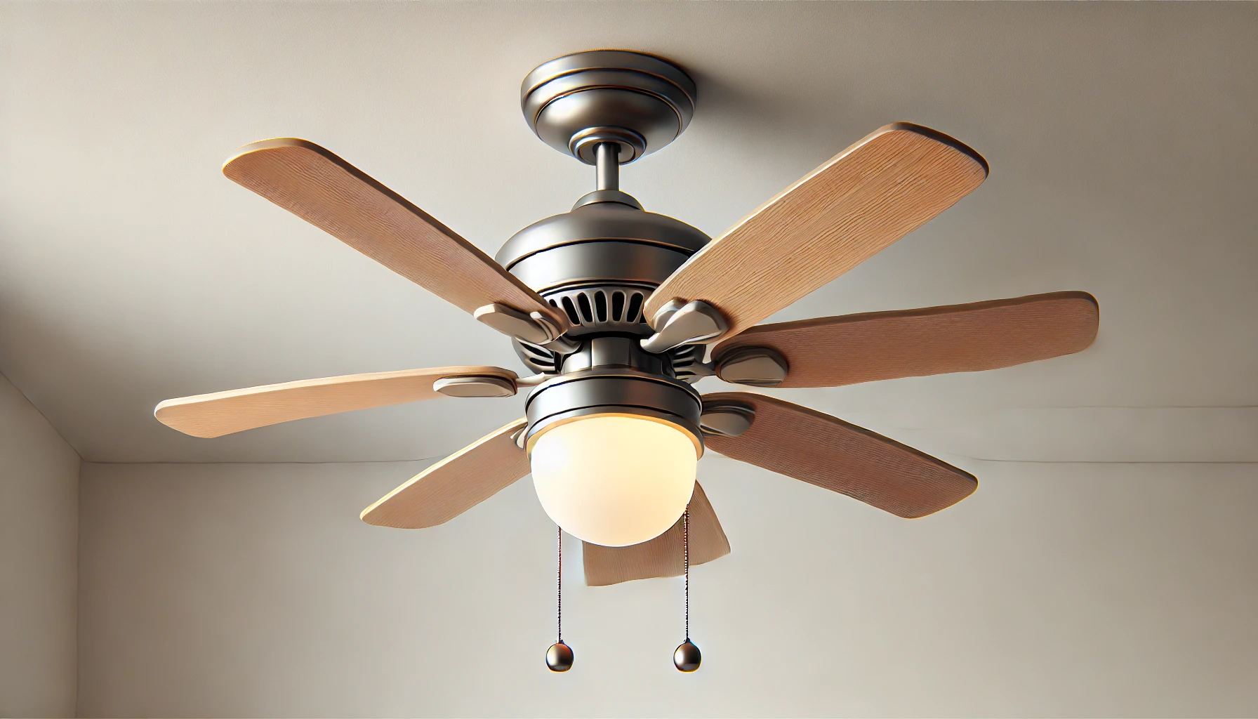 DALL·E 2024-08-01 15.08.27 - A decorative ceiling fan with a light in the center. The fan has a brushed metal finish with five light brown wooden blades. The central light fixture