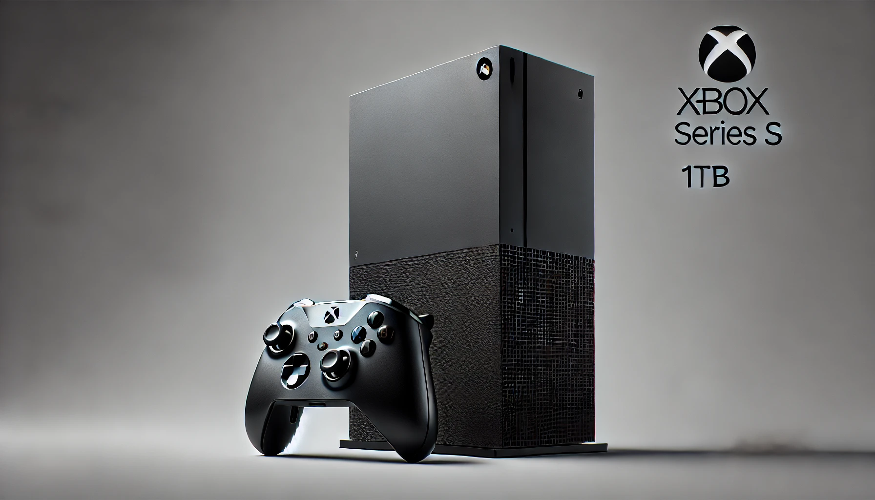 DALL·E 2024-08-13 14.26.56 - High-quality commercial photograph of a black Xbox Series S console with 1TB of storage, accompanied by a black Xbox controller. The console is shown