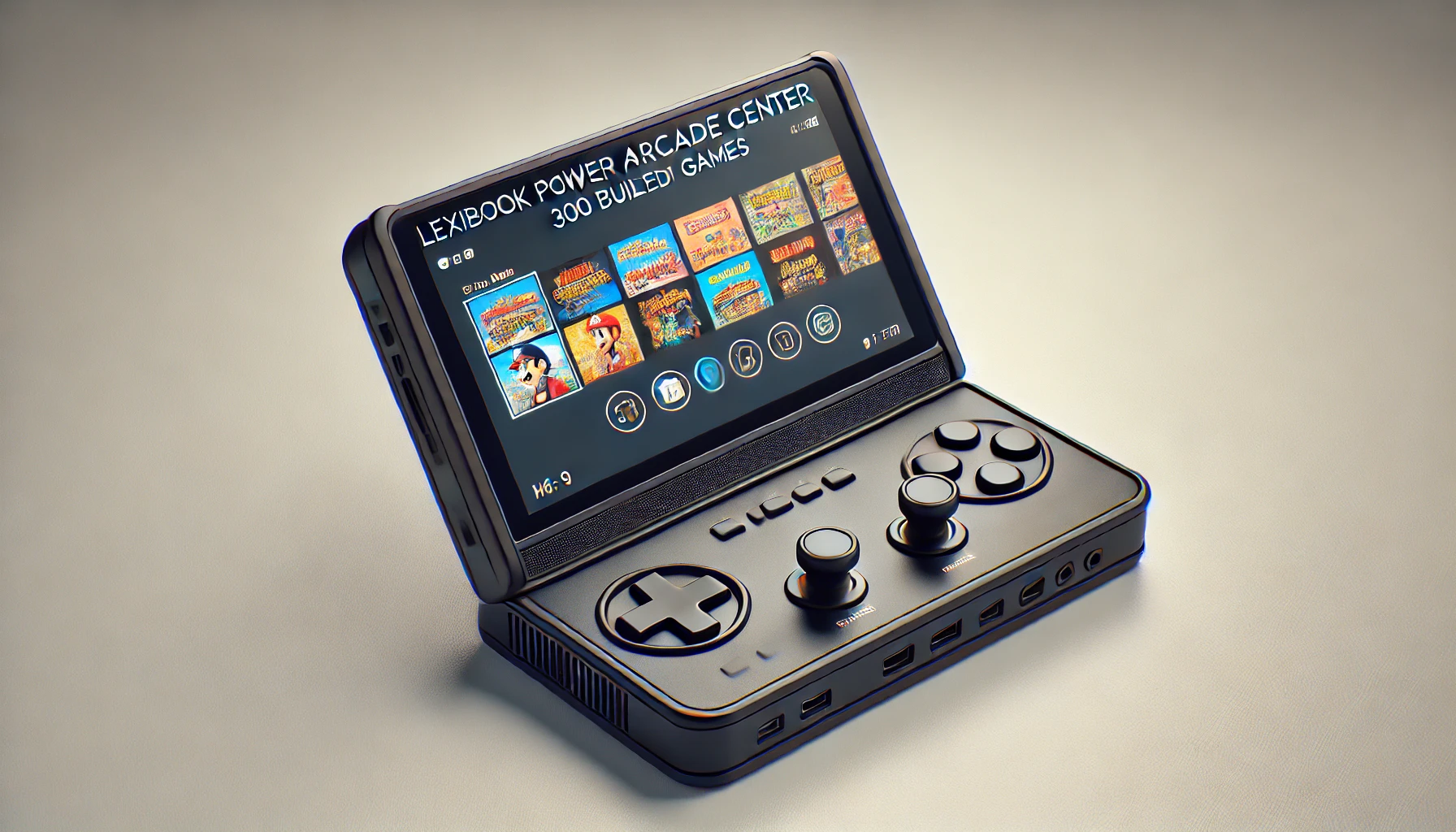 DALL·E 2024-08-13 15.29.37 - High-quality commercial photograph of a Lexibook Power Arcade Center portable gaming console with 300 built-in games. The console is shown in a front-