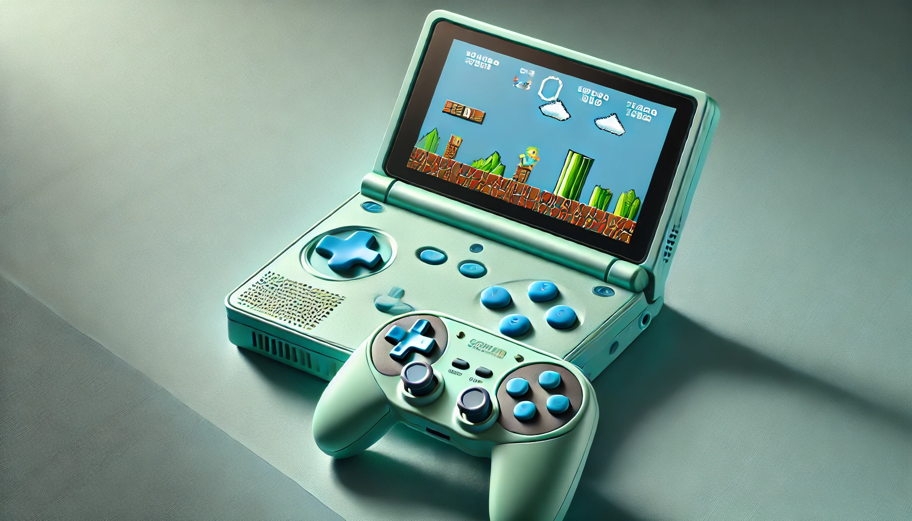 DALL·E 2024-08-13 16.11.49 - High-quality commercial photograph of a mint-green portable gaming console with a matching wireless controller. The console features a blue joystick a