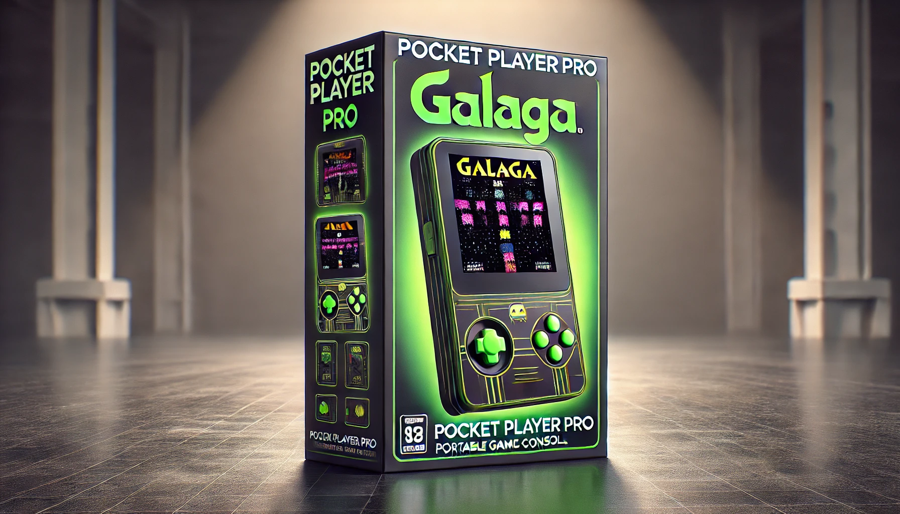DALL·E 2024-08-13 16.14.33 - High-quality commercial photograph of a Pocket Player Pro portable gaming console packaging box themed around the classic arcade game Galaga. The box