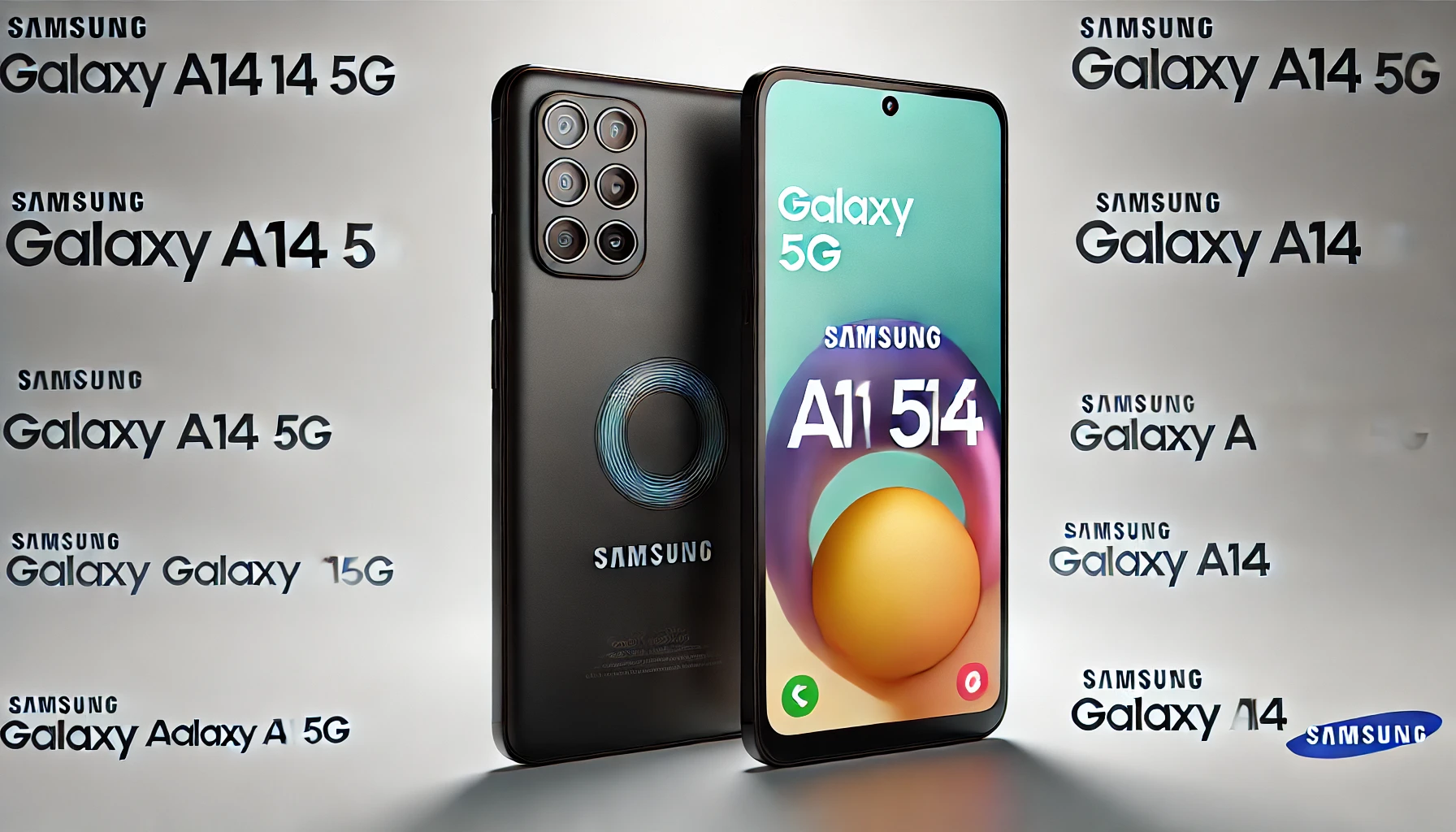 DALL·E 2024-08-13 17.13.04 - A high-resolution promotional image of a black Samsung Galaxy A14 5G smartphone, viewed from the front and back. The screen displays the text 'Galaxy