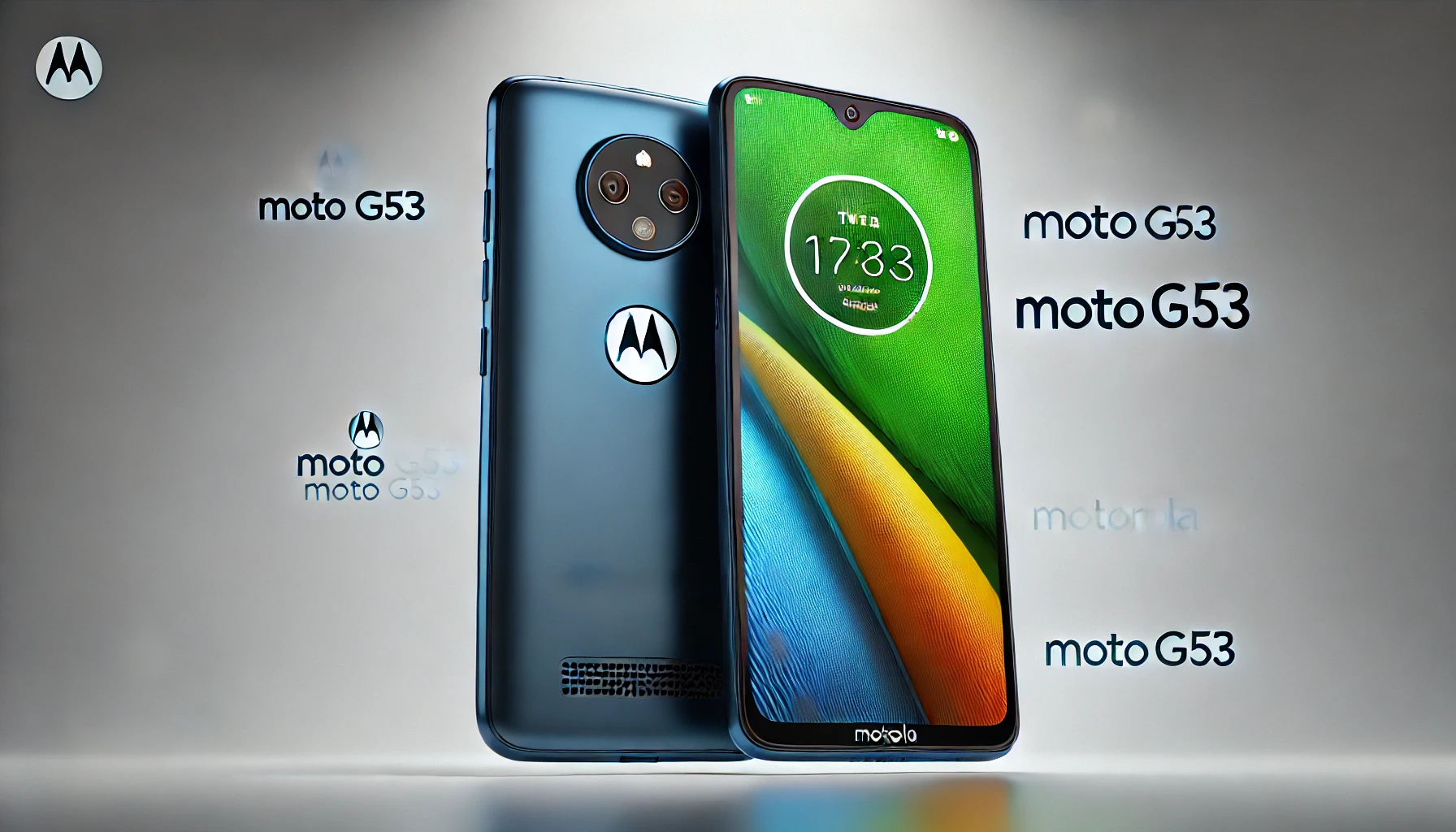 DALL·E 2024-08-13 17.17.18 - A high-resolution promotional image of a Motorola Moto G53 smartphone in ink blue color, viewed from the front and back. The screen displays the text