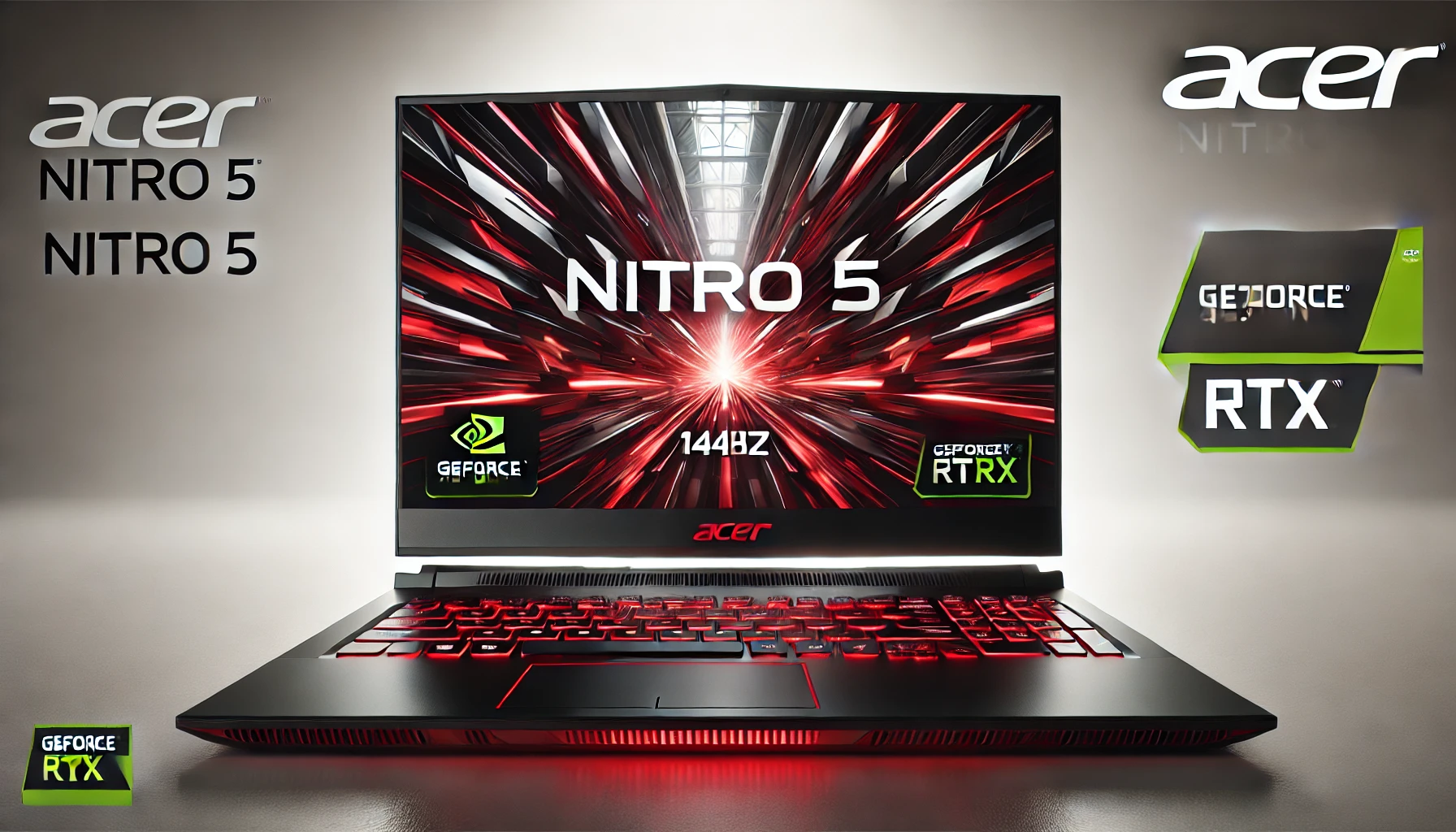 DALL·E 2024-08-13 23.35.22 - A high-resolution promotional image of an Acer Nitro 5 gaming laptop, viewed from the front with the screen displaying key specifications like 'Nitro