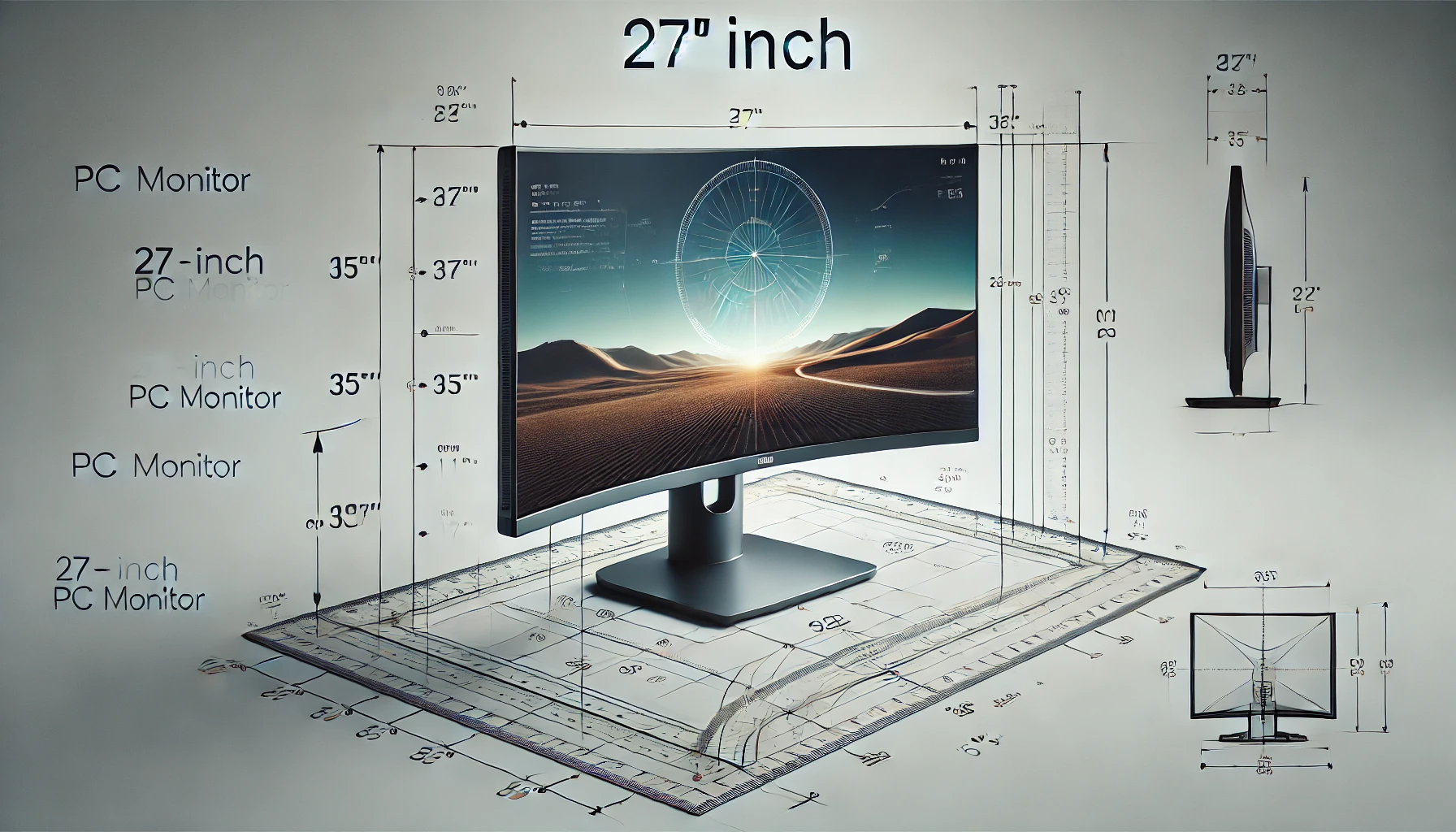 DALL·E 2024-08-13 23.43.11 - A high-resolution technical image of a 27-inch curved PC monitor with annotated dimensions. The monitor is shown from the front, displaying a digital