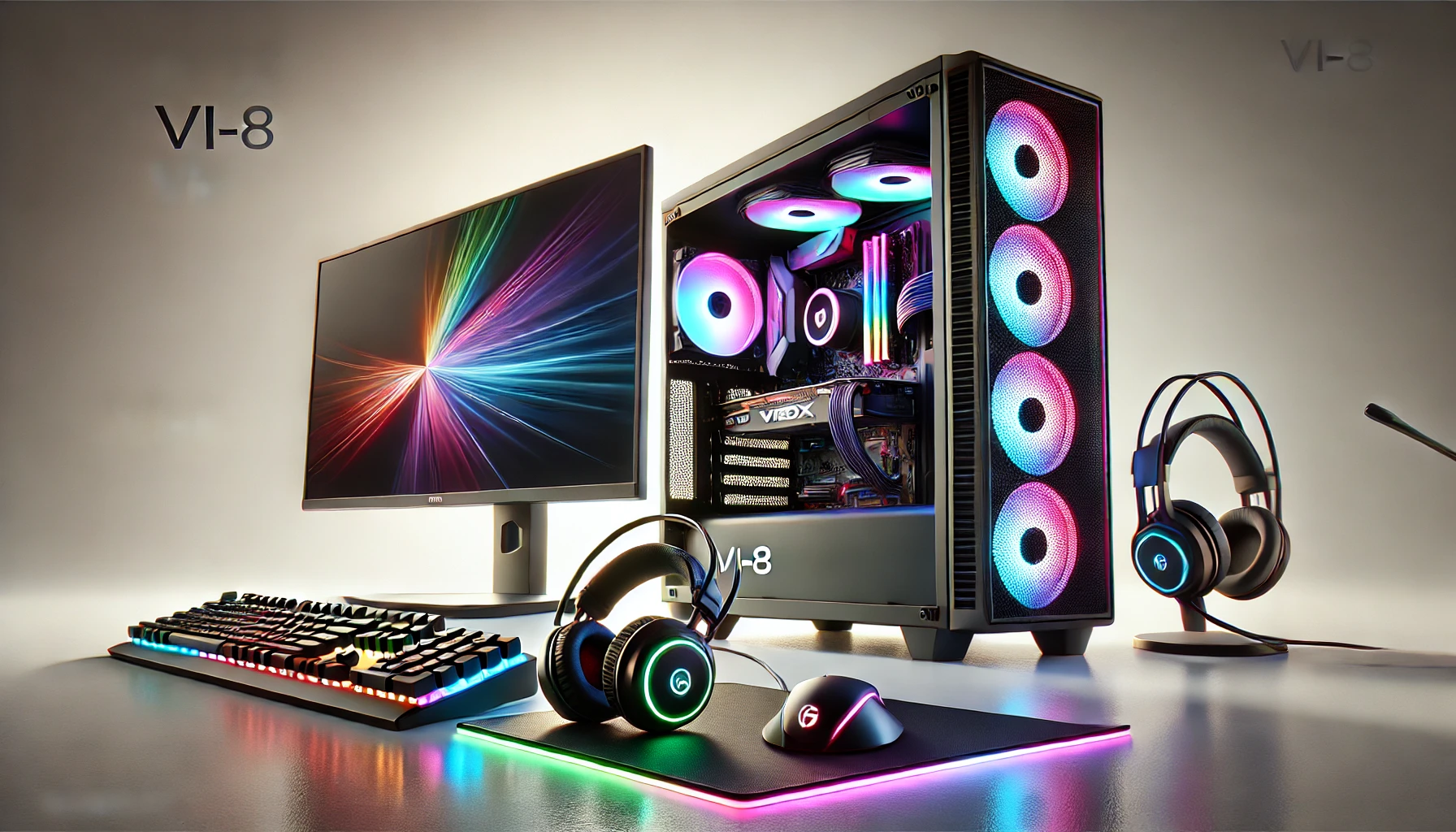 DALL·E 2024-08-13 23.45.47 - A high-resolution promotional image of a Vibox Vi-8 gaming PC set, including a 22-inch monitor, a case with RGB lighting, a backlit keyboard and mouse