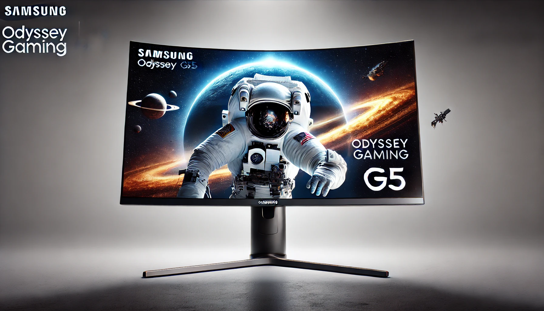 DALL·E 2024-08-13 23.52.05 - A high-resolution promotional image of a Samsung Odyssey Gaming G5 curved monitor, viewed from the front with a space-themed image showing an astronau