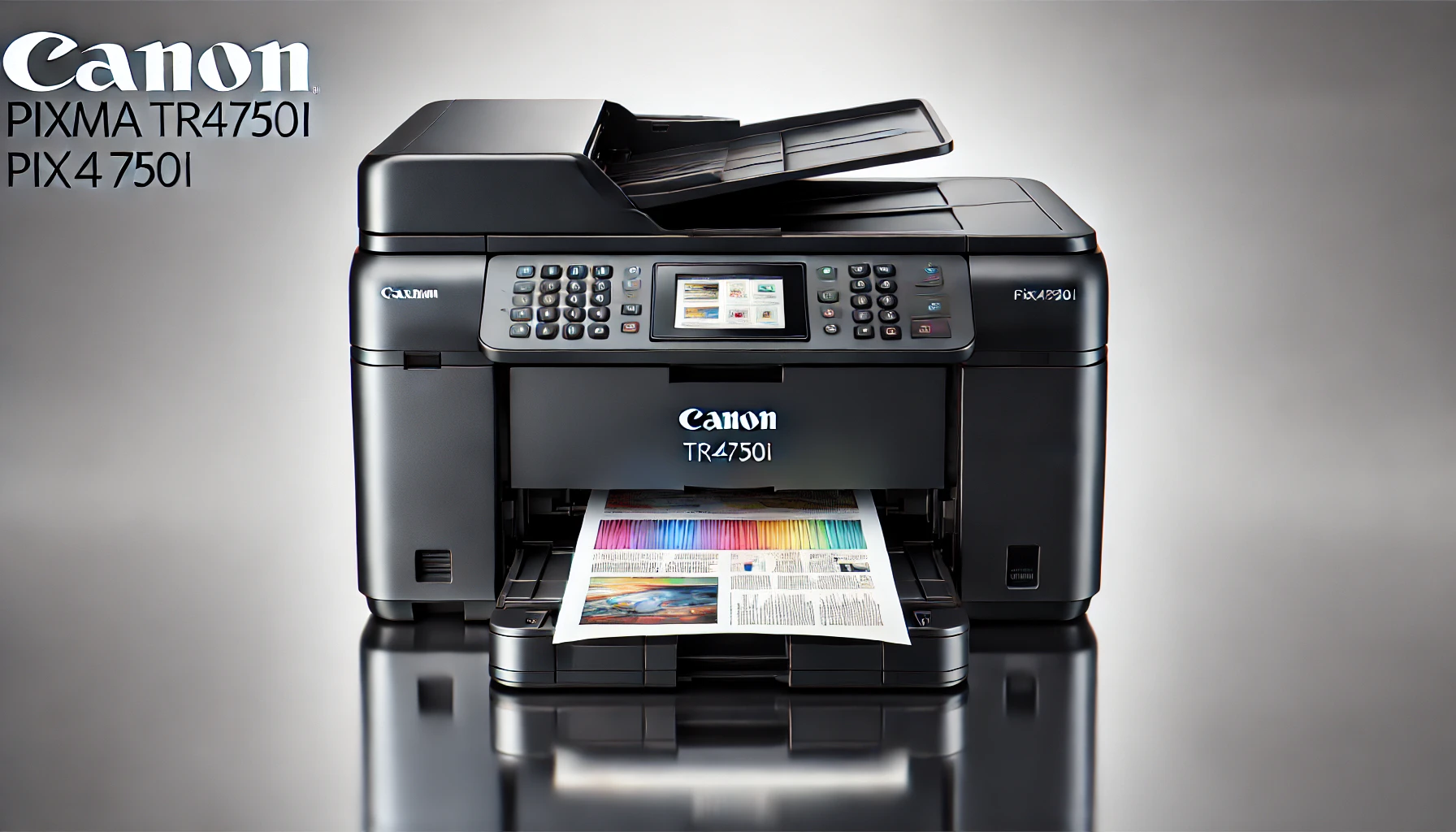 DALL·E 2024-08-14 00.12.41 - A high-resolution promotional image of a Canon Pixma TR4750i multifunction printer in black color, viewed from the front. The printer is printing a co
