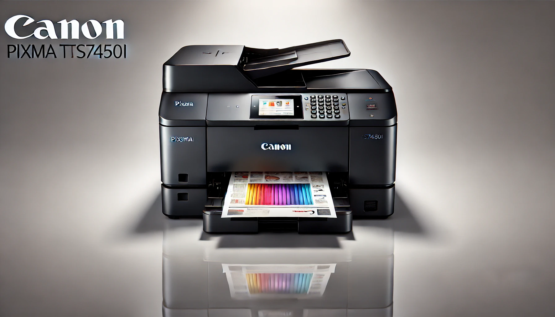 DALL·E 2024-08-14 00.20.50 - A high-resolution promotional image of a Canon PIXMA TS7450i multifunction printer in black color, viewed from the front. The printer is printing a co