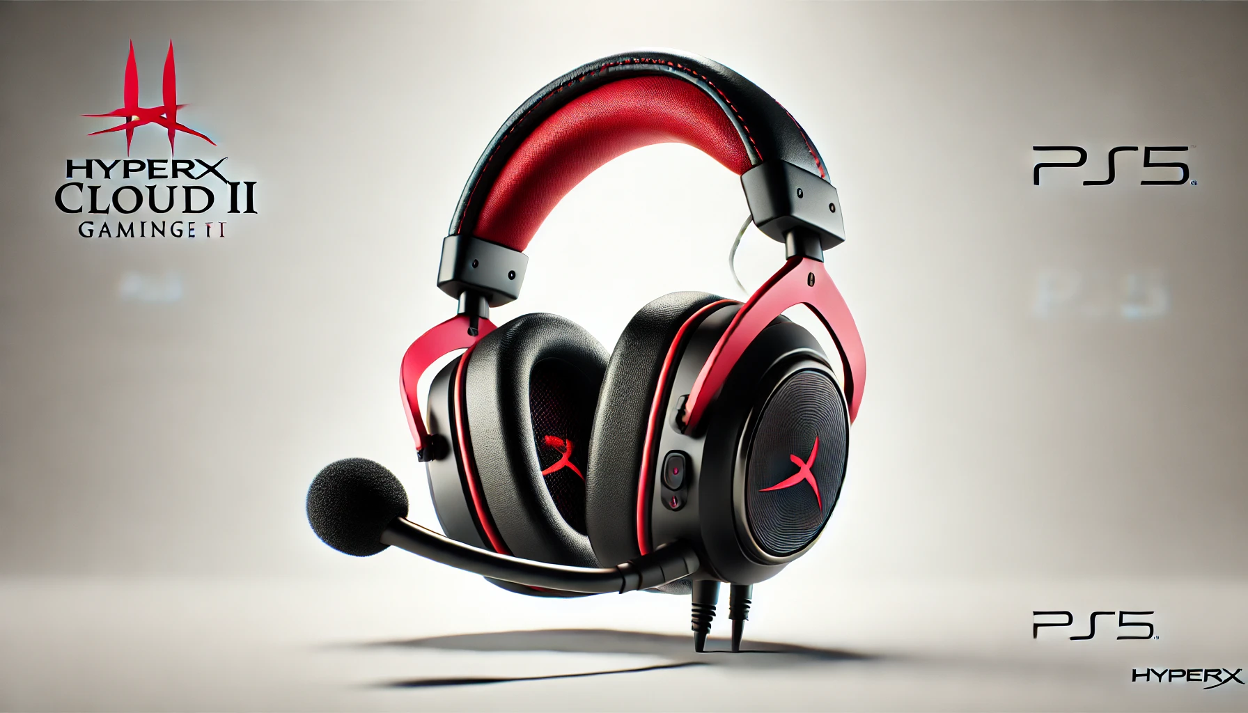 DALL·E 2024-08-14 00.25.45 - A high-resolution promotional image of a HyperX Cloud II gaming headset for PS5 in red and black color, with an attached microphone. The headset is ti