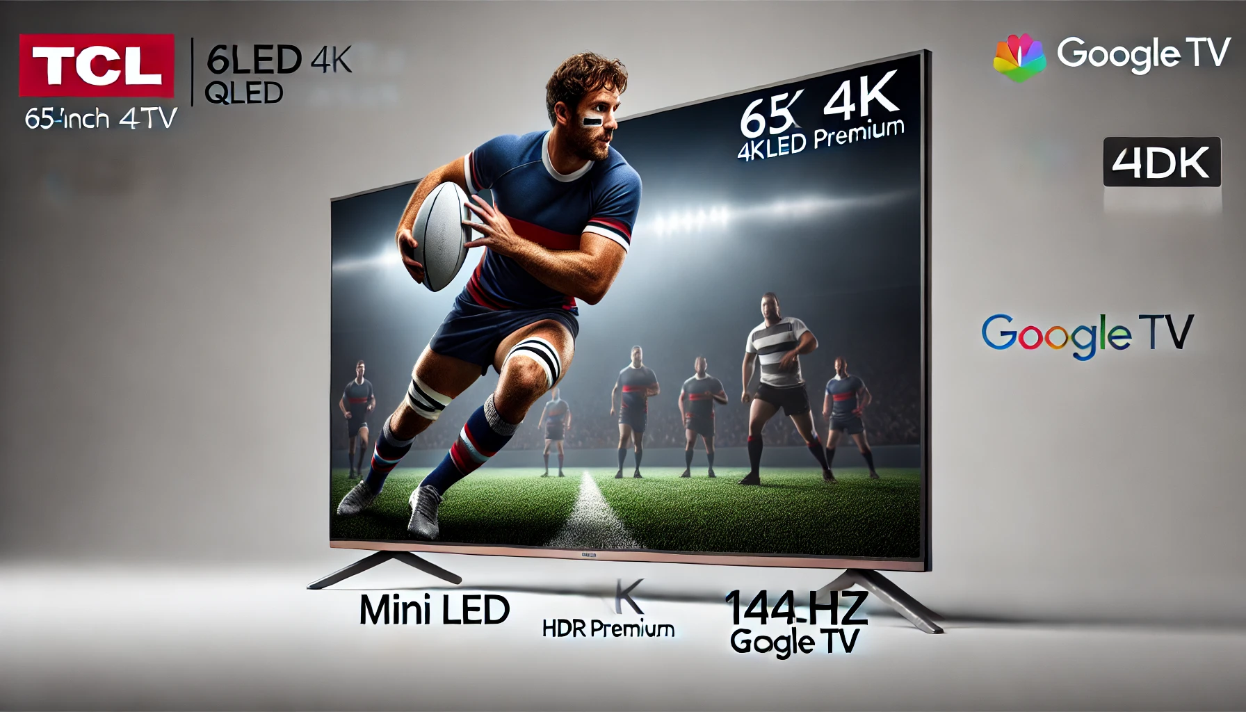DALL·E 2024-08-14 12.41.22 - A high-resolution promotional image of a TCL 65-inch QLED 4K TV, model 65C805. The TV displays an image of a rugby player in action with promotional t