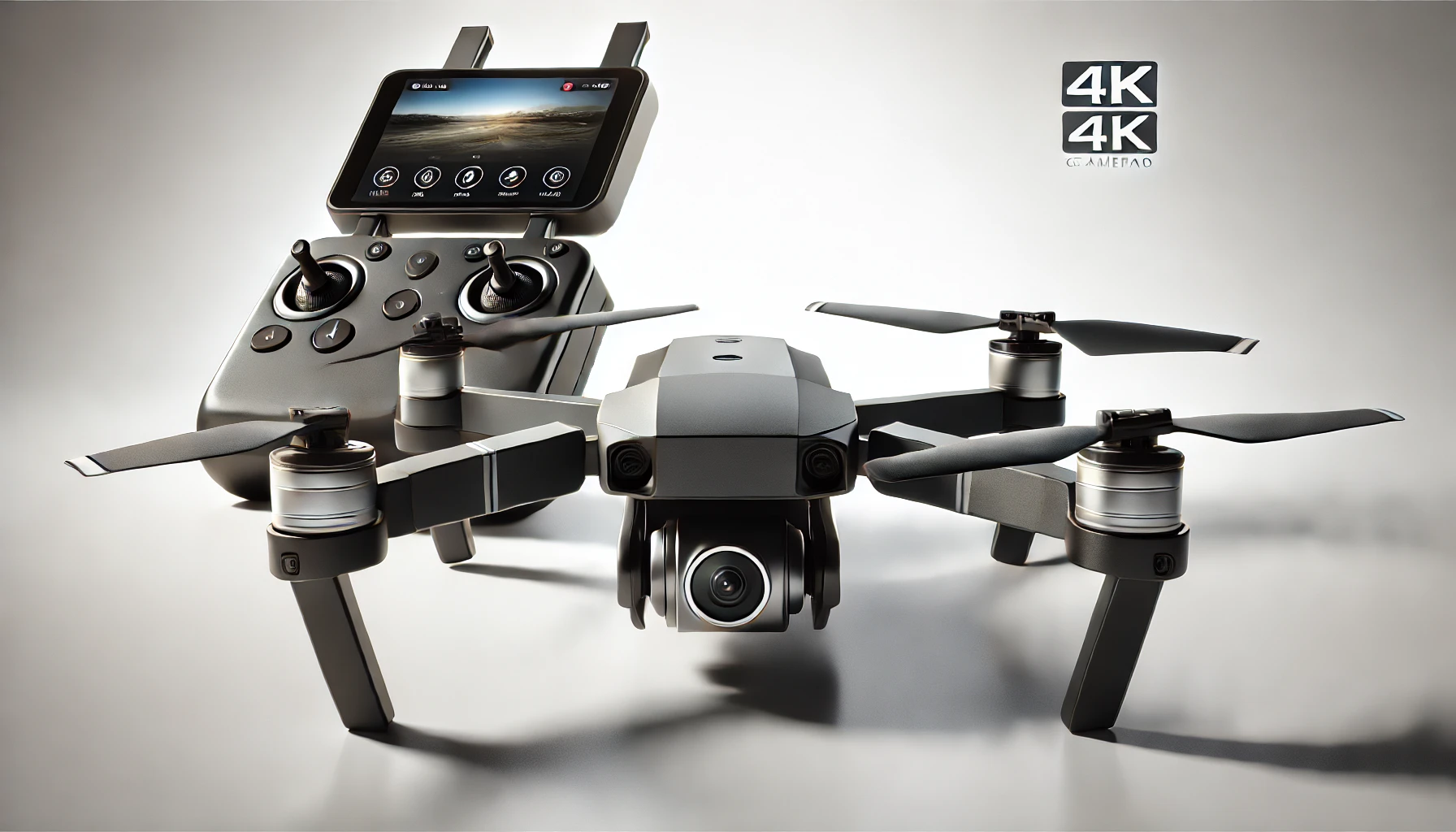 DALL·E 2024-08-14 13.18.22 - A high-resolution promotional image of a foldable drone with a 4K camera and remote control. The drone is shown from the front with its camera facing