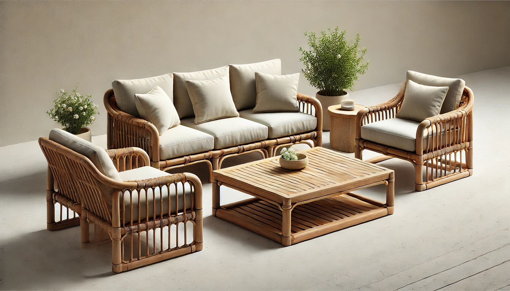 DALL·E 2024-08-14 16.13.58 - A low outdoor garden lounge set made of acacia wood with rattan detailing, consisting of a two-seater sofa, two armchairs, and a rectangular coffee ta