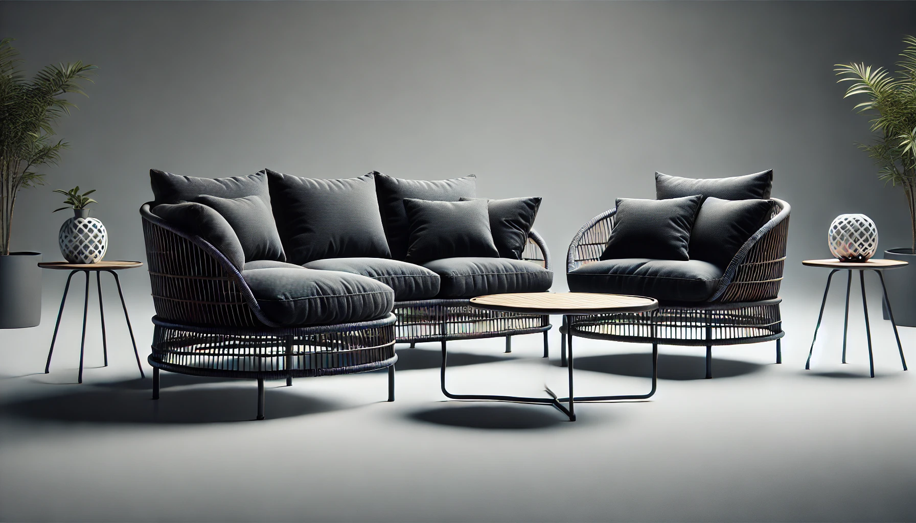 DALL·E 2024-08-14 16.28.48 - A low outdoor garden lounge set with a rattan-like design, consisting of a two-seater sofa, two armchairs, and a round coffee table. The furniture fea