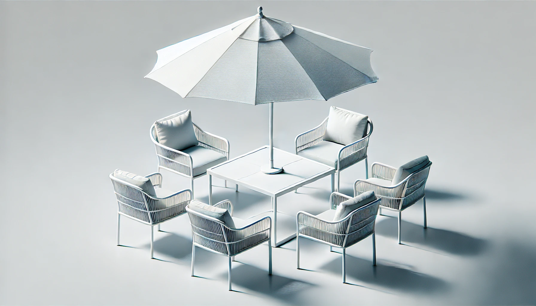 DALL·E 2024-08-14 16.44.50 - An outdoor garden set consisting of a rectangular table, four armchairs, and a central umbrella. The entire set is white, with the chairs made of stre