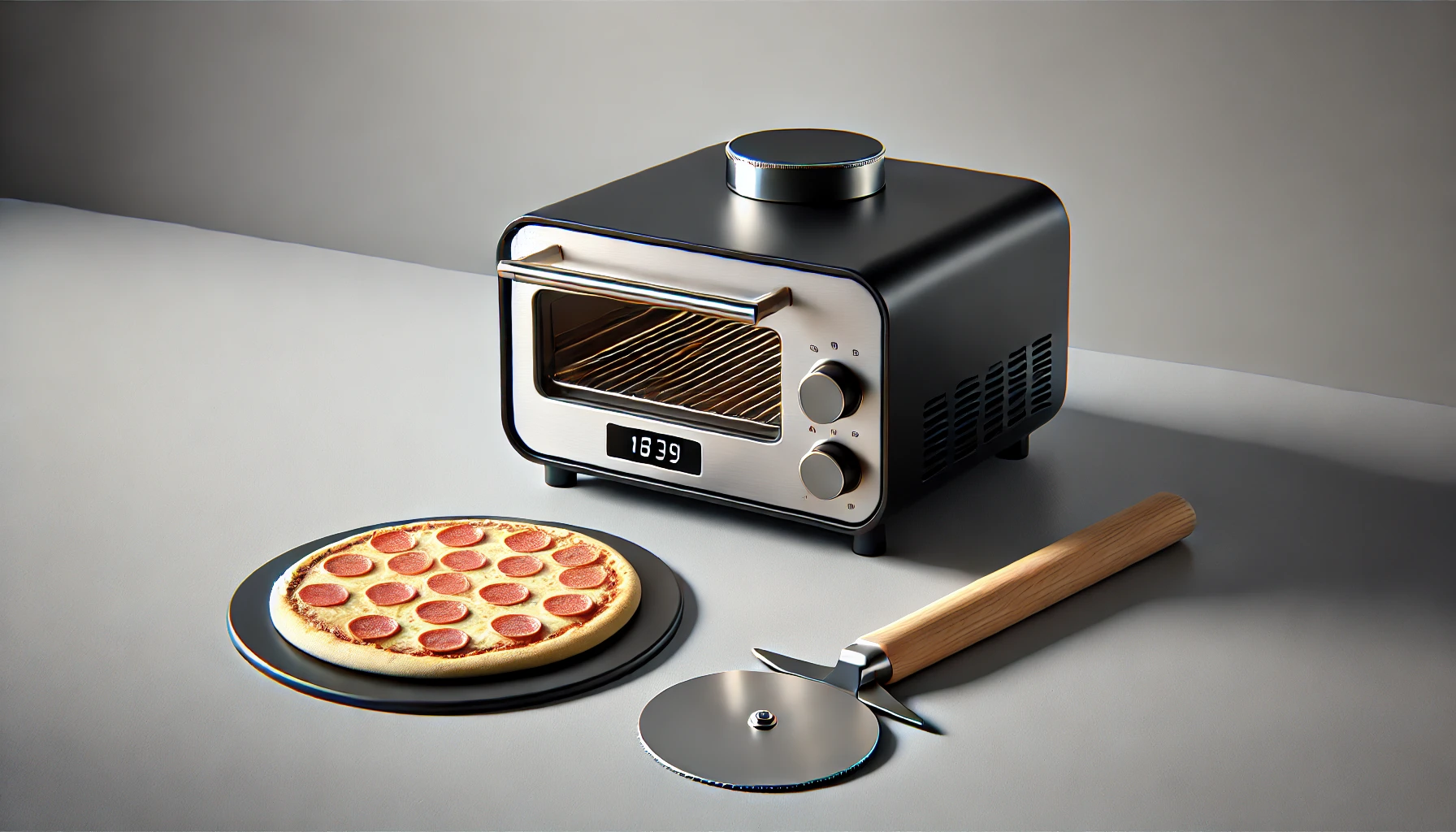 DALL·E 2024-08-14 17.00.34 - A compact black pizza oven with a sleek and modern design, featuring a stainless steel front and accompanied by a pizza peel with a wooden handle. The