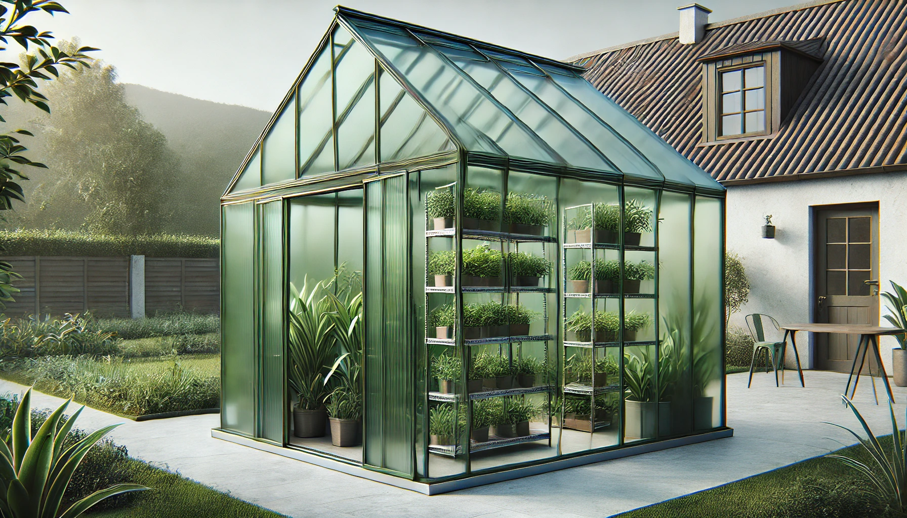 DALL·E 2024-08-14 17.36.48 - A garden greenhouse with a rectangular shape and sloped roof, made of green transparent plastic. The structure includes metal shelving inside for orga