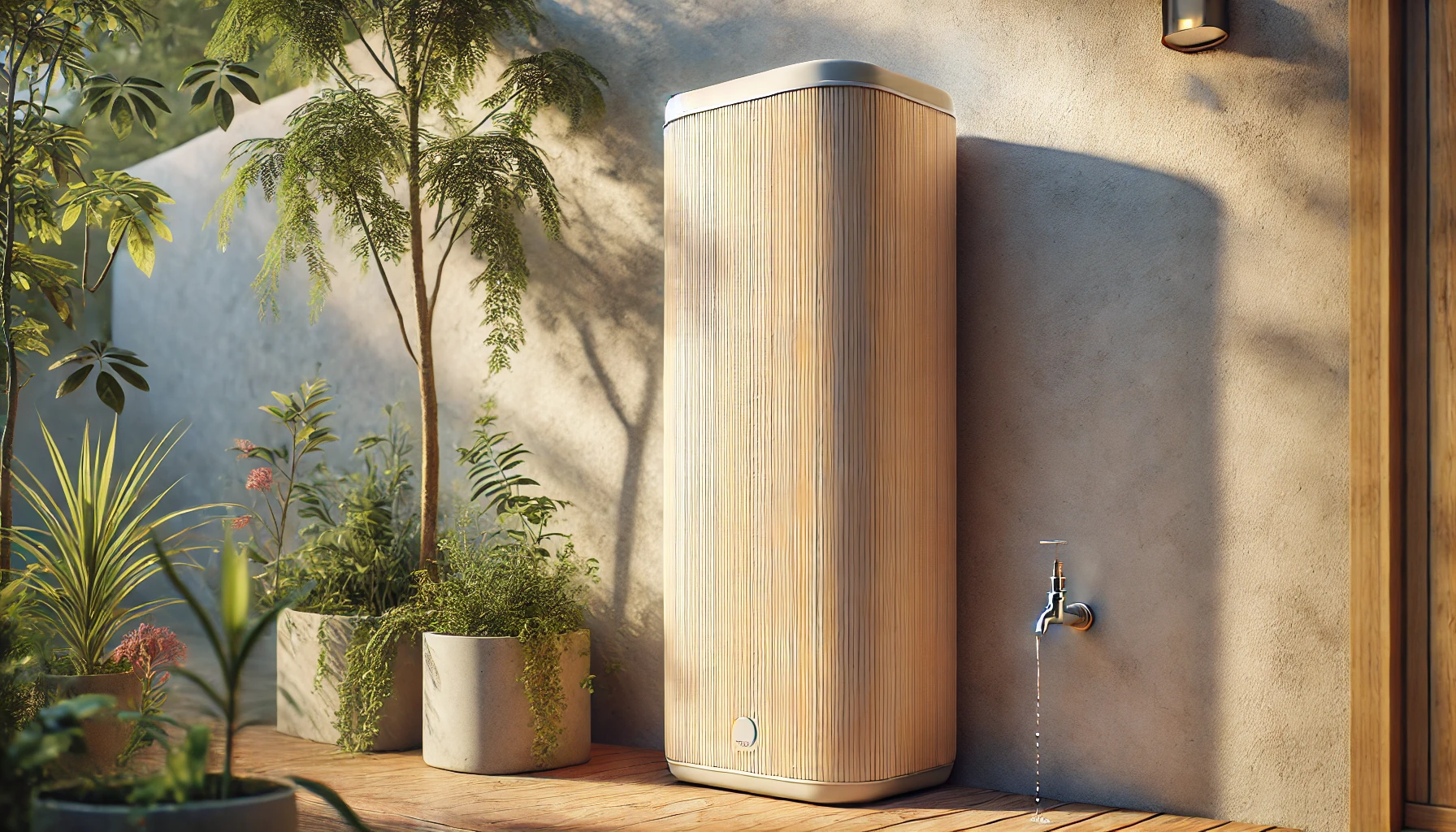 DALL·E 2024-08-14 17.45.59 - A vertical wall-mounted rainwater collector with a 300-liter capacity, featuring a beige color and a wood-like texture. The design is natural and disc