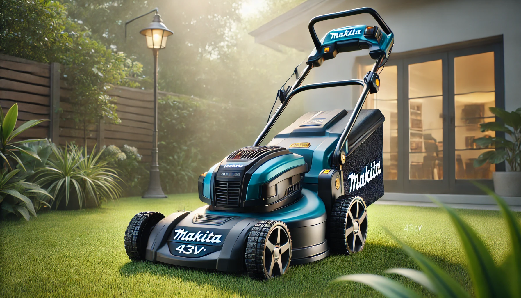 DALL·E 2024-08-14 18.31.25 - An electric lawn mower by Makita, powered by two 18V batteries for a total of 36V. The mower has a 43cm cutting width and features a blue and black de
