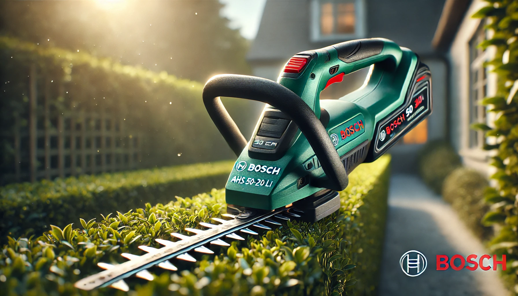 DALL·E 2024-08-14 18.58.39 - A cordless hedge trimmer by Bosch, model AHS 50-20 LI, powered by an 18V 2.5Ah battery. The trimmer features a 50 cm blade and is designed for easy he