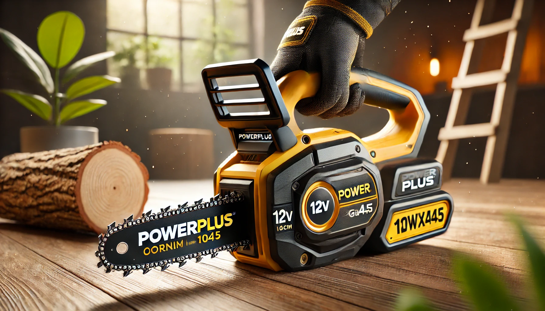 DALL·E 2024-08-14 19.24.01 - A cordless mini chainsaw by Powerplus, model POWXG1045, featuring a 12V battery and a 10cm blade. The design is compact and portable, with a yellow an