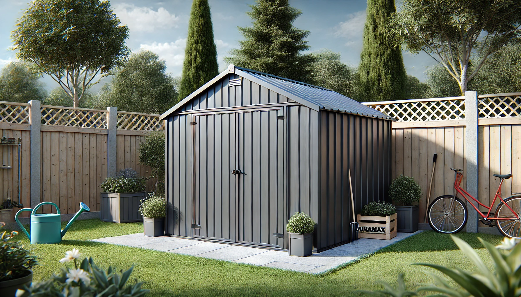 DALL·E 2024-08-14 19.36.46 - A flat-roof metal garden shed by DURAMAX, covering 3.92 square meters, in anthracite gray. The shed features a modern and sleek design with double doo