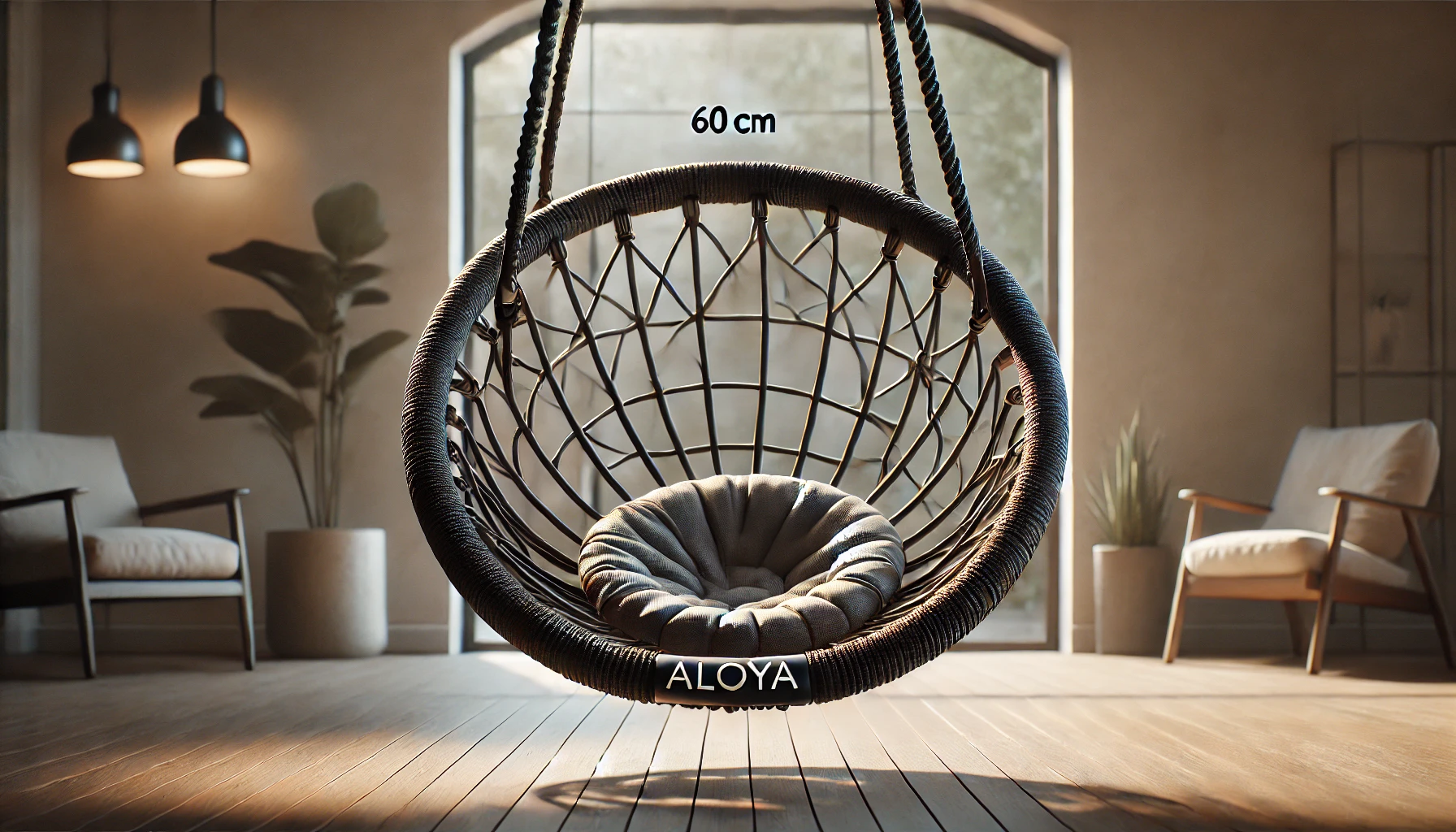 DALL·E 2024-08-15 11.19.37 - A circular bird's nest swing with a 60 cm diameter by Aloya. The swing features a black, sturdy frame with robust hanging ropes. The scene should focu