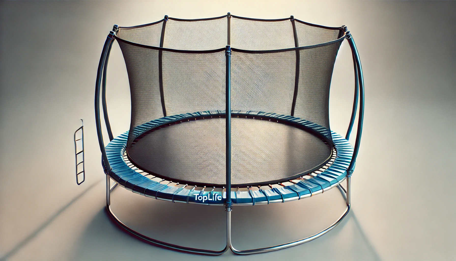 DALL·E 2024-08-15 11.48.15 - A round trampoline with a 2.44-meter diameter by Toplife. The trampoline features a blue frame with a sturdy metal base and is enclosed by a black saf