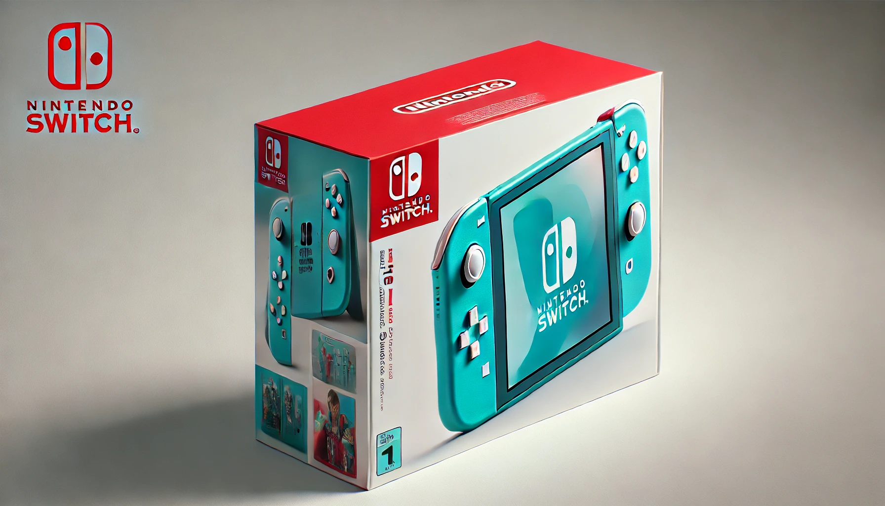 DALL·E 2024-08-15 12.06.48 - A detailed image of a Nintendo Switch Lite console in turquoise color, displayed inside its box packaging. The box is red and white, featuring images