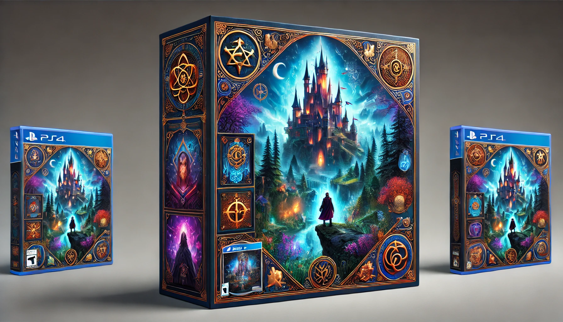 DALL·E 2024-08-15 12.27.22 - A detailed and visually appealing image of a fantasy-themed video game bundle. The packaging features a vibrant, enchanted castle surrounded by magica