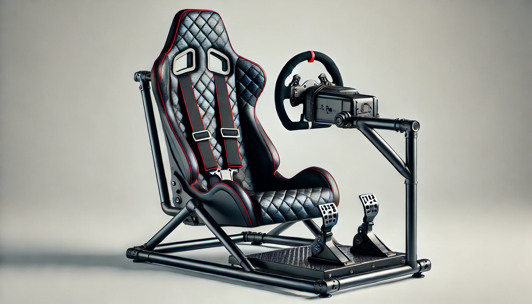 DALL·E 2024-08-15 12.43.07 - A detailed image of a racing simulation cockpit designed for gaming, featuring a comfortable black seat with red accents. The seat is quilted and ergo