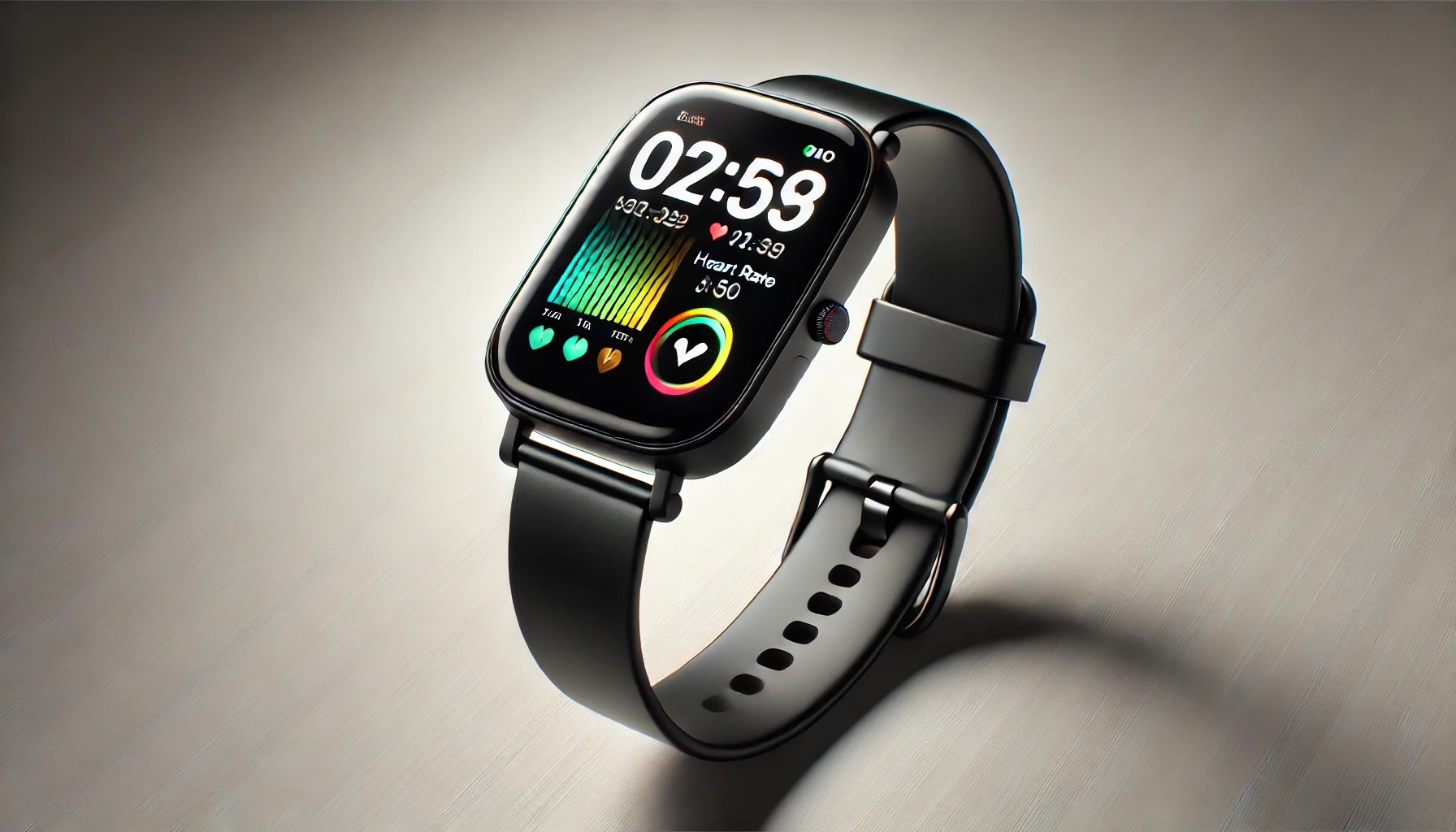 DALL·E 2024-08-15 14.48.16 - A modern and sleek smartwatch in black, featuring a rectangular display with rounded corners. The screen displays the date, time, heart rate, and othe