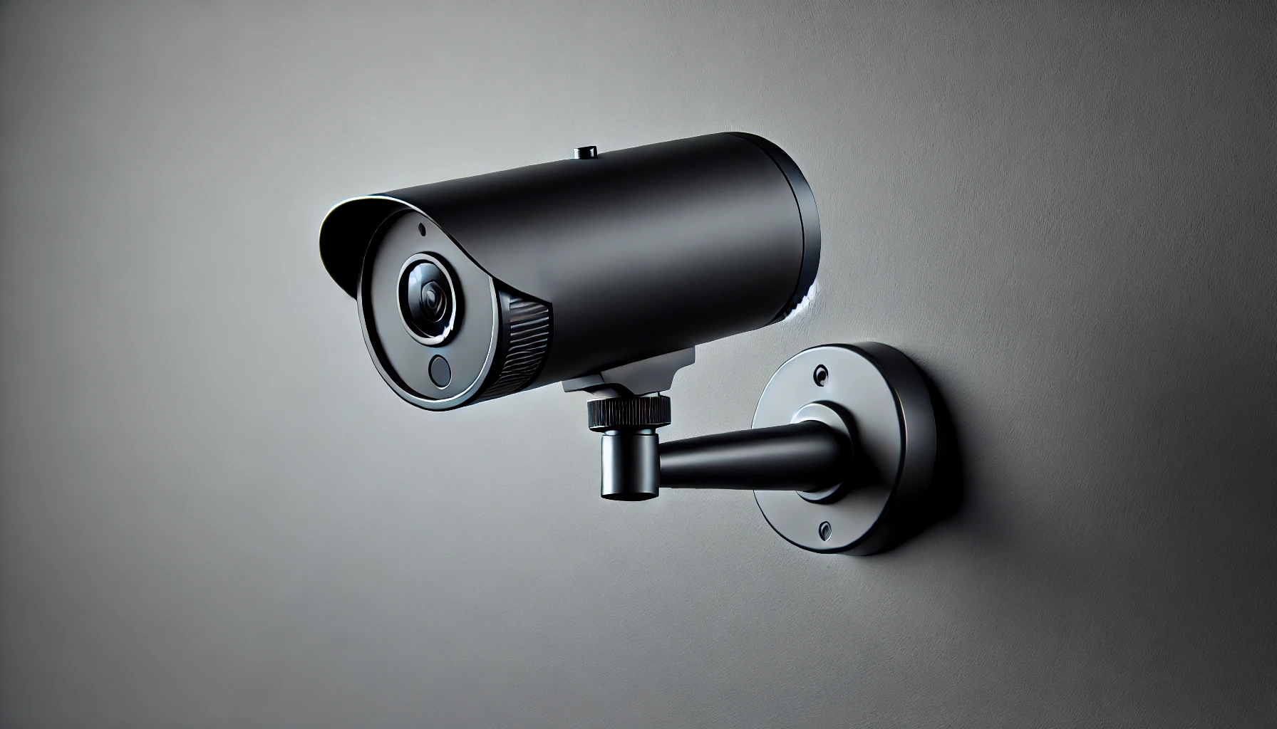 DALL·E 2024-08-15 14.51.56 - A sleek and modern black surveillance camera mounted on a minimalist wall bracket, designed for outdoor security. The camera is cylindrical with a smo