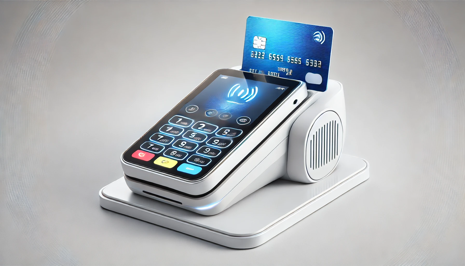 DALL·E 2024-08-15 14.59.32 - A sleek, modern payment terminal in a white design with a charging station, featuring a bright display screen and a blue credit card being inserted fo