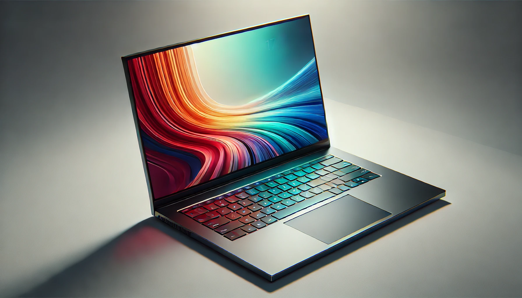 DALL·E 2024-08-15 15.10.08 - A sleek, modern laptop with a thin profile, featuring a large 17-inch screen with vibrant colors. The laptop is shown in a horizontal orientation, ope