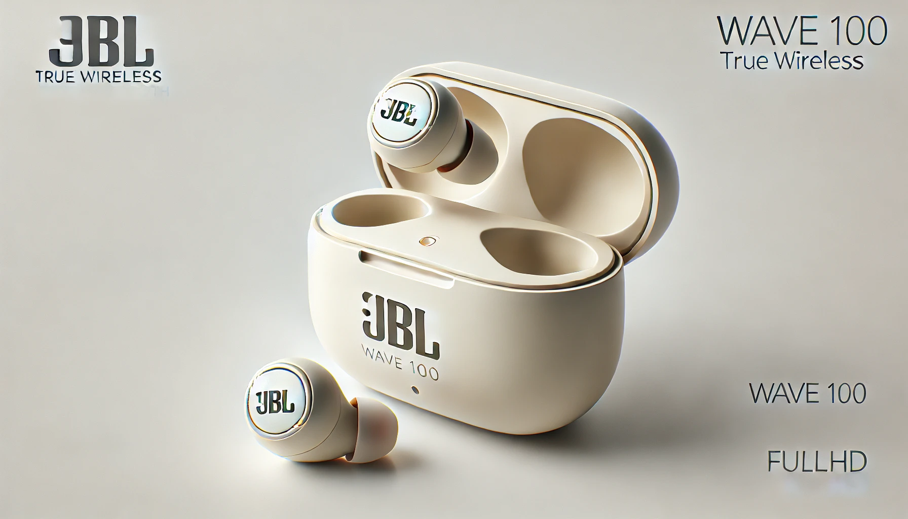 DALL·E 2024-08-15 20.08.26 - A high-resolution image of JBL Wave 100 True Wireless Bluetooth earbuds in ivory color. The image features the charging case and a single earbud place