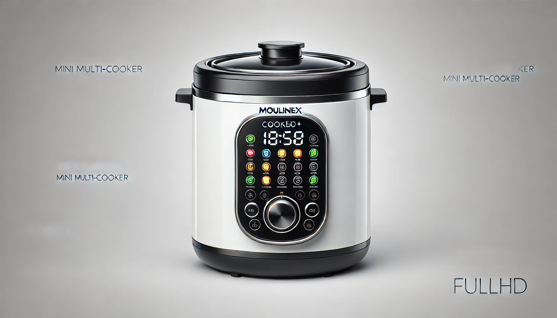 DALL·E 2024-08-15 20.22.18 - A high-resolution image of a Moulinex Cookeo+ Mini multi-cooker. The appliance is predominantly white with a black central touchscreen display. The di