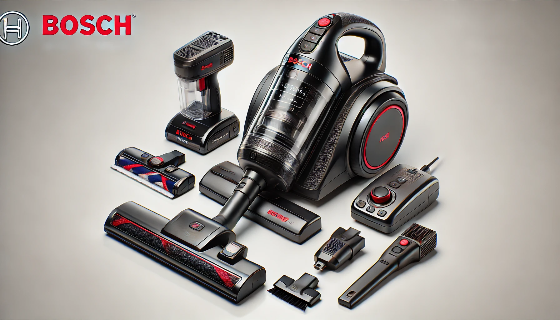 DALL·E 2024-08-15 21.08.21 - A high-resolution image of a Bosch BCS711MAT multifunction cordless vacuum cleaner. The vacuum cleaner is black with red and silver accents, and is sh