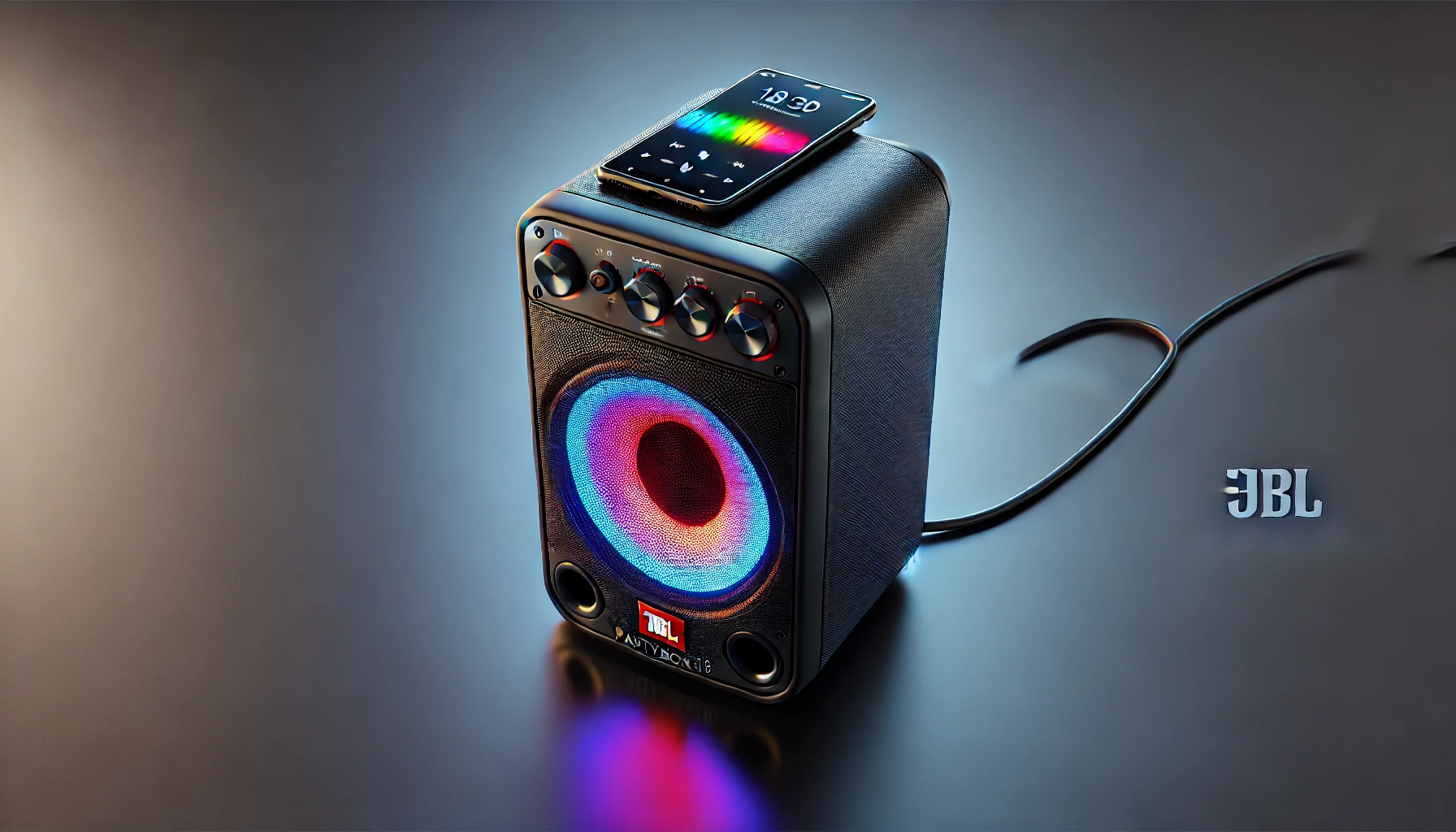 DALL·E 2024-08-16 12.07.35 - A high-resolution image of a JBL Partybox 110 high-power speaker. The speaker is shown in an upright position, with a vibrant 8-shaped light pattern o