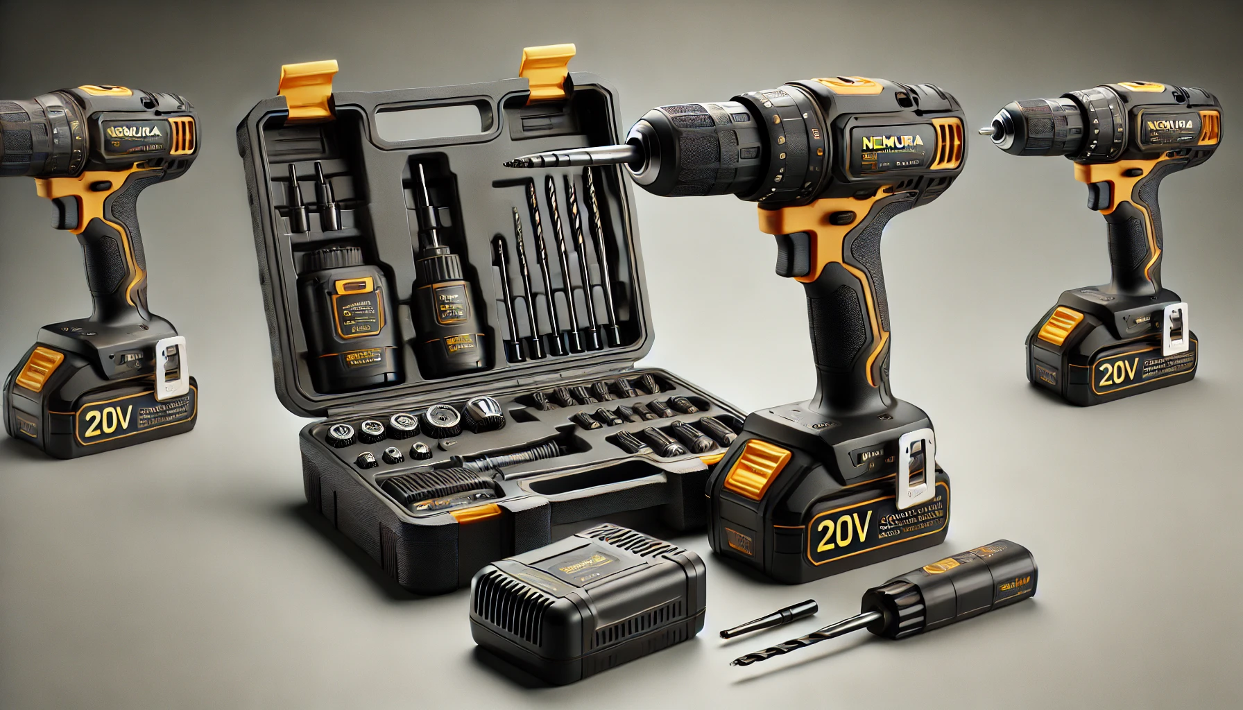 DALL·E 2024-08-16 12.18.44 - A high-resolution image of a NEMURA 20V cordless drill and driver with two 1.5 Ah batteries, a fast charger, and a toolkit with 54 accessories. The dr
