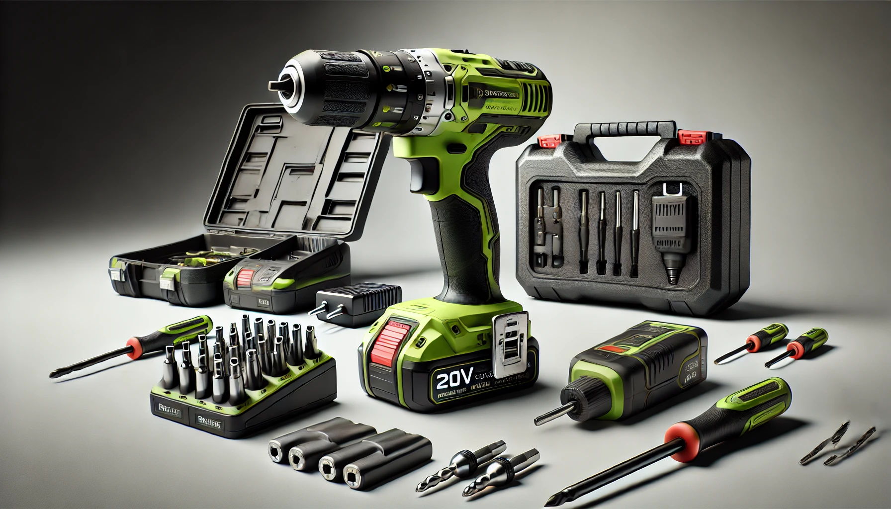 DALL·E 2024-08-16 12.20.59 - A high-resolution image of a 20V Constructor cordless drill with lithium batteries, a fast charger, and an accessory set including drill bits and scre